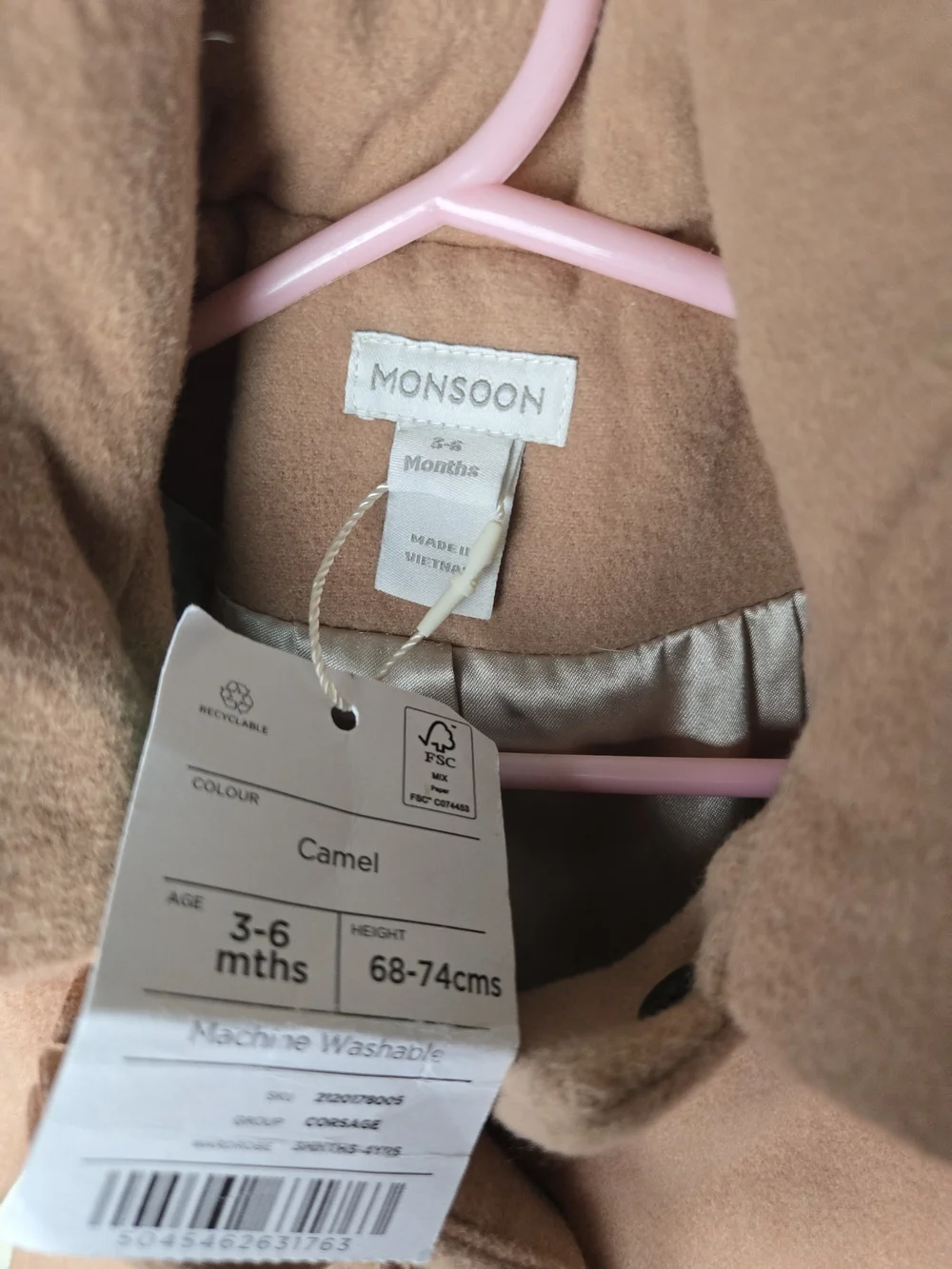 Monsoon Baby Corsage Hooded Swing Coat Camel Size 3 To 6 Months